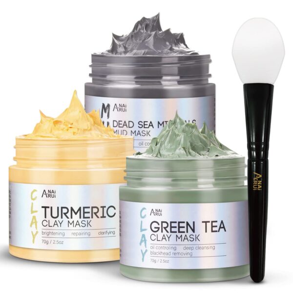 ANAI RUI Turmeric Clay Mask - Green Tea Clay Mask - Dead Sea Minerals Mud Mask, Spa Facial Mask Set, Face Mask Gift Set 2.5 oz each - Image 3