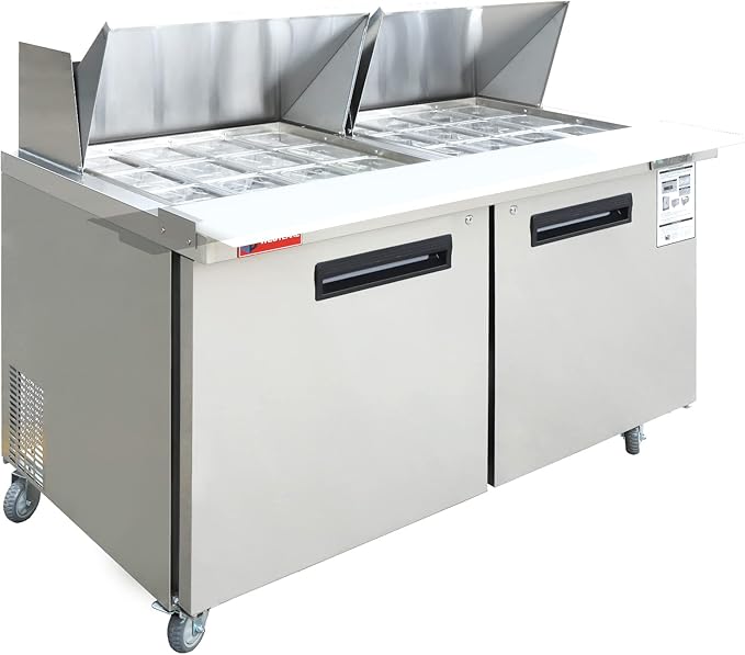 WESTLAKE 60" W 2 Door Refrigerator - Sandwich & Salad Prep Table - Commercial Mega Top - Stainless Steel Counter - Fan Cooling - 24 Pans - 60" Capacity