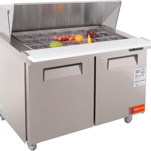 WESTLAKE 48" W 2 Door Refrigerator Sandwich & Salad Prep Table Commercial Mega Top Refrigerator Stainless Steel Counter Fan Cooling Refrigerator with 18 pans-48 Large Capacity Inches for Restaurant