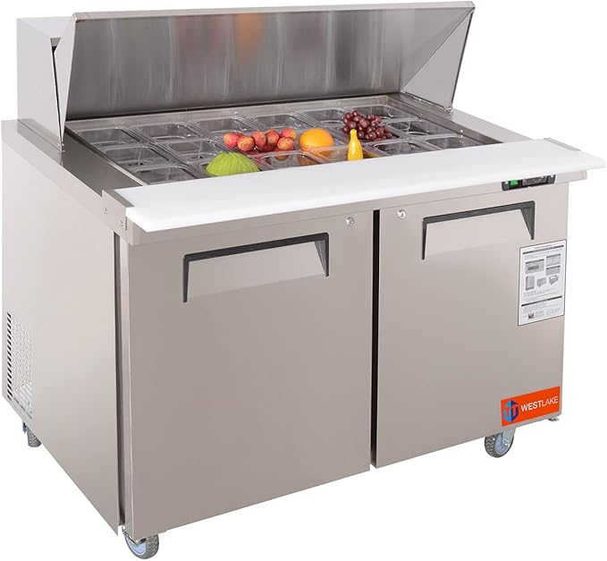 WESTLAKE 48" W 2 Door Refrigerator Sandwich & Salad Prep Table Commercial Mega Top Refrigerator Stainless Steel Counter Fan Cooling Refrigerator with 18 pans-48 Large Capacity Inches for Restaurant